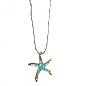 Ekaterini necklace, starfish, aqua blue Swarovski crystals brown cord and with gold accents
